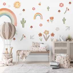 Boho Rainbow Wall Decals, Nursery Stickers, Cactus Decor, Retro Floral Peel & Stick Decor - thumbnail 1