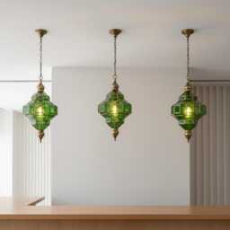 Moroccan Pendant Light Green Glass Brass Frame Hanging Ceiling Lantern - thumbnail 4