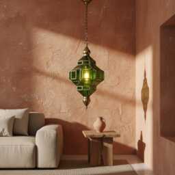 Moroccan Pendant Light Green Glass Brass Frame Hanging Ceiling Lantern - thumbnail 3