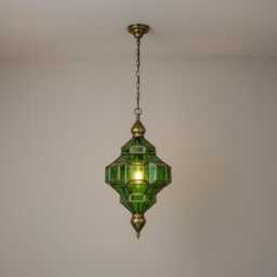 Moroccan Pendant Light Green Glass Brass Frame Hanging Ceiling Lantern - thumbnail 2