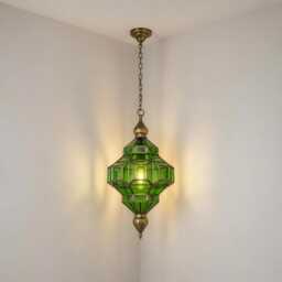 Moroccan Pendant Light Green Glass Brass Frame Hanging Ceiling Lantern