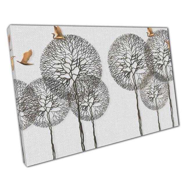 Golden Birds On 3D Woodland Trees Canvas Print - Modern Nature Wall Art For Home Office Decor - image 1