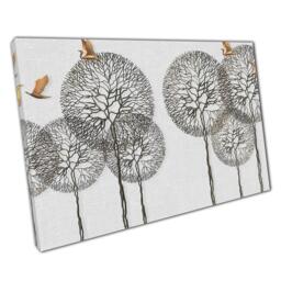 Golden Birds On 3D Woodland Trees Canvas Print - Modern Nature Wall Art For Home Office Decor - thumbnail 1