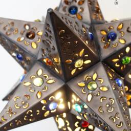 Dark Bronze Moravian Metal Pierced Star Pendant Light Fixture With Colorful Glass Marbles - thumbnail 2