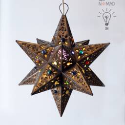 Dark Bronze Moravian Metal Pierced Star Pendant Light Fixture With Colorful Glass Marbles - thumbnail 3