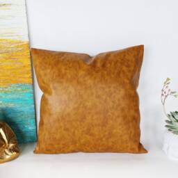 Camel Faux Leather Pillow Cover, Light Blue Cotton Accent - thumbnail 4