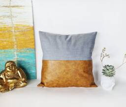 Camel Faux Leather Pillow Cover, Light Blue Cotton Accent