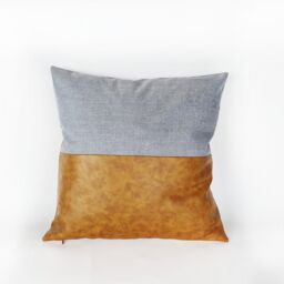 Camel Faux Leather Pillow Cover, Light Blue Cotton Accent - thumbnail 2