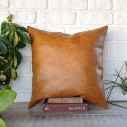 Camel Faux Leather Pillow Cover, Light Blue Cotton Accent - thumbnail 3