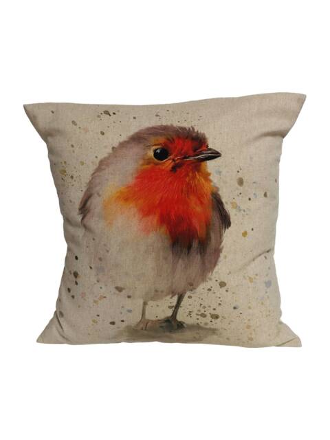 Handmade Large Robin Print Linen Brown Red Orange Cushion Cover 16 - image 1