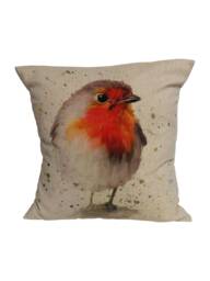 Handmade Large Robin Print Linen Brown Red Orange Cushion Cover 16 - thumbnail 1