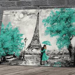 Teal Umbrella Paris Eiffel Tower Canvas Framed Glossy Premium With Metal Hanger Various Sizes - thumbnail 2