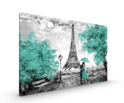 Teal Umbrella Paris Eiffel Tower Canvas Framed Glossy Premium With Metal Hanger Various Sizes - thumbnail 1