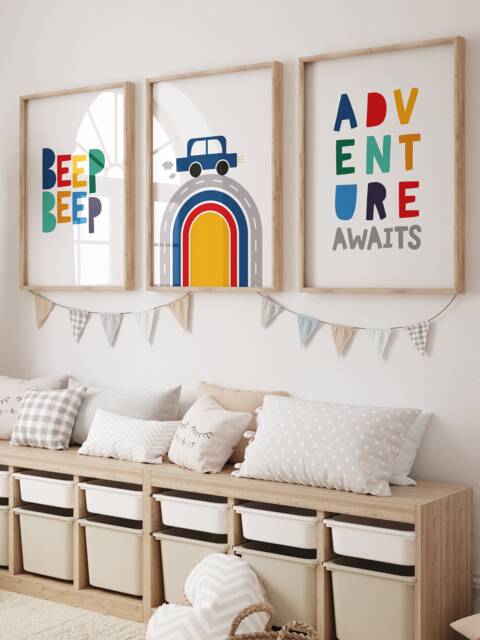 Set Of 3 Boys Nursery Prints, Bedroom Decor, Cars & Vehicles, Transportation, Trucks, Wall Art, Playroom Rainbow Colours - image 1