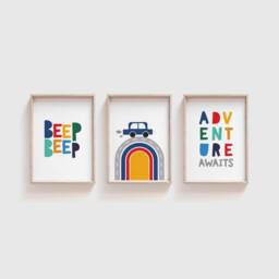 Set Of 3 Boys Nursery Prints, Bedroom Decor, Cars & Vehicles, Transportation, Trucks, Wall Art, Playroom Rainbow Colours - thumbnail 2