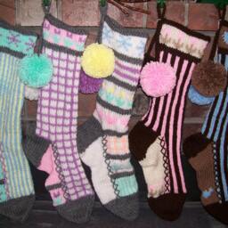 Hand Knit Christmas Stocking Pastel Purple Gray Pink Windowpane Check With Flower Detail By Santa's Works - thumbnail 4