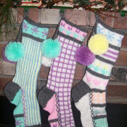 Hand Knit Christmas Stocking Pastel Purple Gray Pink Windowpane Check With Flower Detail By Santa's Works - thumbnail 3