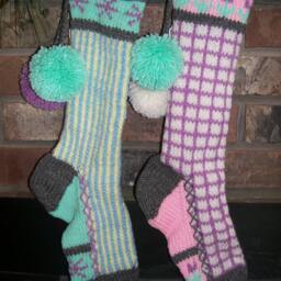 Hand Knit Christmas Stocking Pastel Purple Gray Pink Windowpane Check With Flower Detail By Santa's Works - thumbnail 2