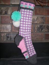 Hand Knit Christmas Stocking Pastel Purple Gray Pink Windowpane Check With Flower Detail By Santa's Works