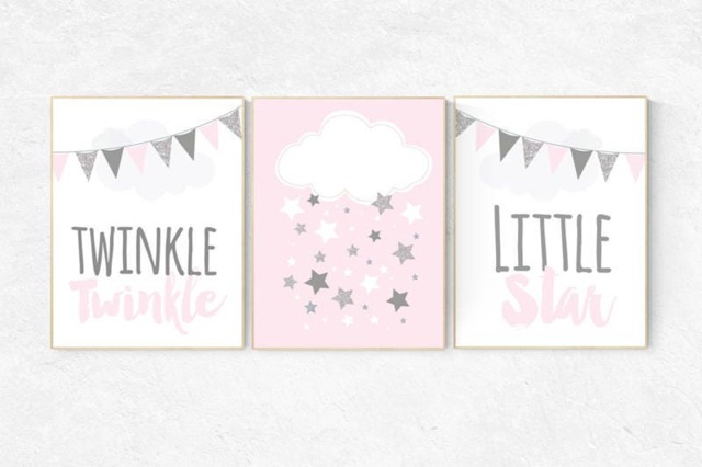 Pink & Gray Nursery Decor Twinkle Star Prints, Girls Room Wall Art - image 1