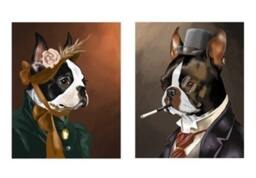 Boston Terrier Gentleman & Lady Set, Boston Terrier Gift, Dressed Up Dogs, Wall Art Prints - thumbnail 2
