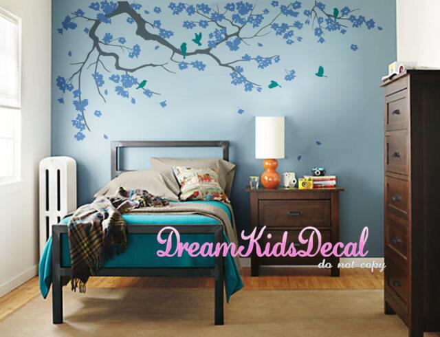 Cherry Blossom Branch Wall Decal, Teal Birds, Nursery Flower Tree Sticker - image 1