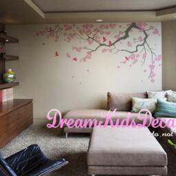 Cherry Blossom Branch Wall Decal, Teal Birds, Nursery Flower Tree Sticker - thumbnail 3