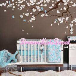 Cherry Blossom Branch Wall Decal, Teal Birds, Nursery Flower Tree Sticker - thumbnail 2