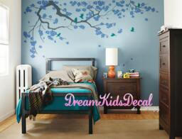 Cherry Blossom Branch Wall Decal, Teal Birds, Nursery Flower Tree Sticker - thumbnail 1