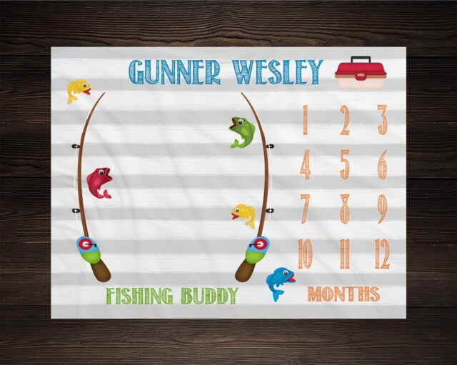 Fishing Milestone Blanket Month Baby Watch Me Grow Growth Tracker Pole Shower Personalize Newborn Gift - image 1