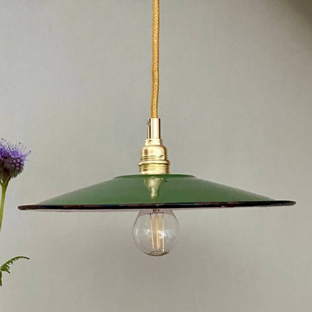 Vintage Green Enamelled Sheet Metal Lampshade Pendant Light - image 1