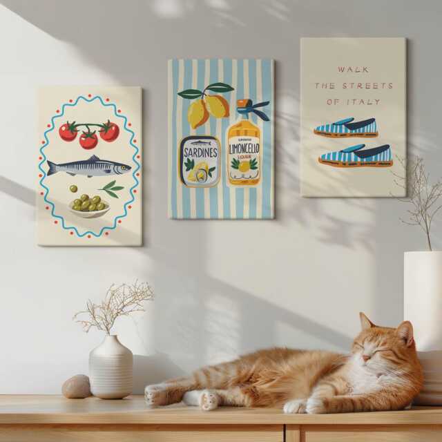 Canvas Art Set Of 3 - Italian Flavors & Lifestyle in Colorful Images, Turquoise Wall Art, Food Drinks Decor - image 1