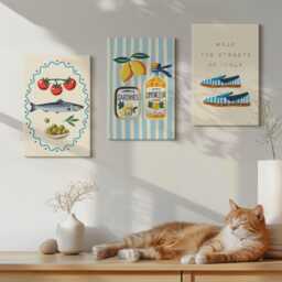 Canvas Art Set Of 3 - Italian Flavors & Lifestyle in Colorful Images, Turquoise Wall Art, Food Drinks Decor