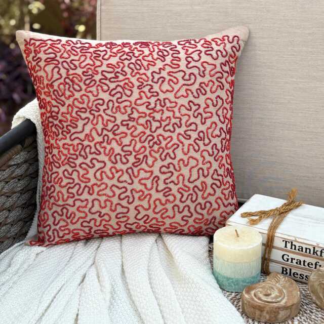 Mocha Beige Cotton Linen, Beaded Sea Creature Pattern, Beach Style Throw Pillow Cover/Euro Sham - Blooming Maze - image 1