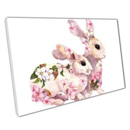 Cute Bunny Rabbit Watercolour Art Print On Canvas For Home Office Decor With Spring Blossoms - thumbnail 1