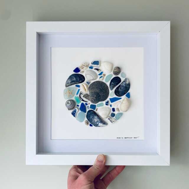 Blue/White Sea Glass & Shell Wall Art - Framed Picture Handmade in Cornwall - image 1
