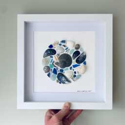 Blue/White Sea Glass & Shell Wall Art - Framed Picture Handmade in Cornwall - thumbnail 1