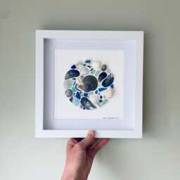 Blue/White Sea Glass & Shell Wall Art - Framed Picture Handmade in Cornwall - thumbnail 2