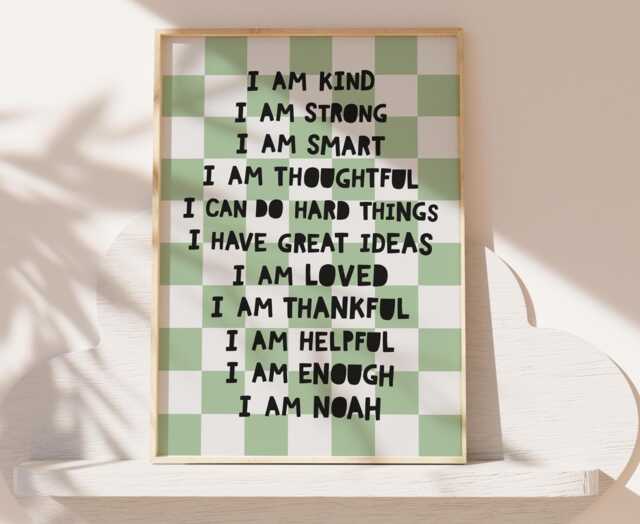 Boys Personalised Affirmation Print, Checkerboard Bedroom Decor, Wall Art, Positive Nursery Motivational - image 1