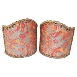 Pair Of Wall Sconce Clip-On Shield Shades Fortuny Fabric Bittersweet & Silvery Gold Richelieu Pattern Mini Lampshade - Handmade in Italy - thumbnail 2