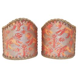 Pair Of Wall Sconce Clip-On Shield Shades Fortuny Fabric Bittersweet & Silvery Gold Richelieu Pattern Mini Lampshade - Handmade in Italy