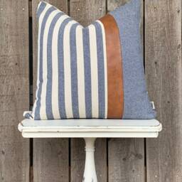 1 Modern Farmhouse Wide Striped Pillow Cover W/Faux Leather Accent - Woven Stripe Cream Backing Choose Your Color - thumbnail 3