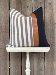 1 Modern Farmhouse Wide Striped Pillow Cover W/Faux Leather Accent - Woven Stripe Cream Backing Choose Your Color - thumbnail 1