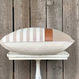 1 Modern Farmhouse Wide Striped Pillow Cover W/Faux Leather Accent - Woven Stripe Cream Backing Choose Your Color - thumbnail 4