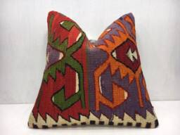Vintage Turkish Kilim Pillow, Bohemian Accent, 16x16 Handwoven Cover - thumbnail 1