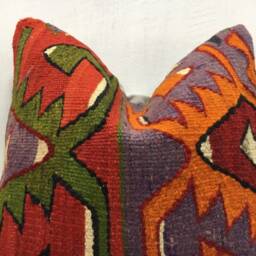Vintage Turkish Kilim Pillow, Bohemian Accent, 16x16 Handwoven Cover - thumbnail 2