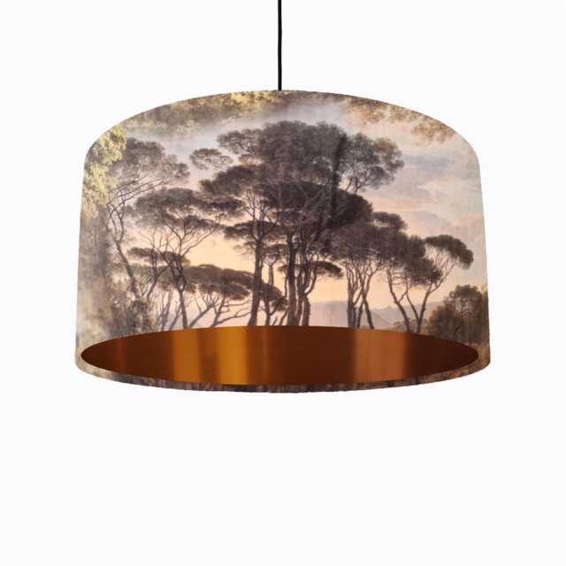 Romantic Trees Landscape Lampshade in Brown Velvet With Copper Lining - image 1