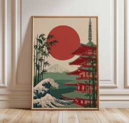 Japanese Style Wall Art Print, Ukiyo-E Inspired Waves & Temple Poster, Vintage Asian Landscape Decor, Japonisme Home - thumbnail 1