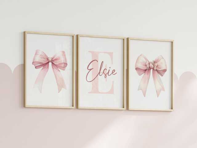 Set Of 3 Pink Bow Nursery Prints - Custom Name Personalised Ribbon Art Girl Baby Room Cute Coquette Dusky Wall Decor Unframed - image 1