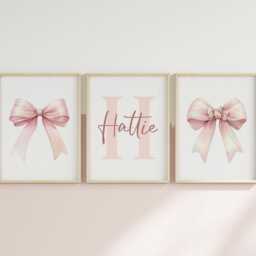 Set Of 3 Pink Bow Nursery Prints - Custom Name Personalised Ribbon Art Girl Baby Room Cute Coquette Dusky Wall Decor Unframed - thumbnail 3